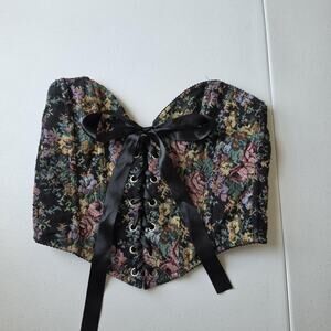 Widow Overbust Corset Top Womens Medium Black Floral Tapestry Jacquard Goth